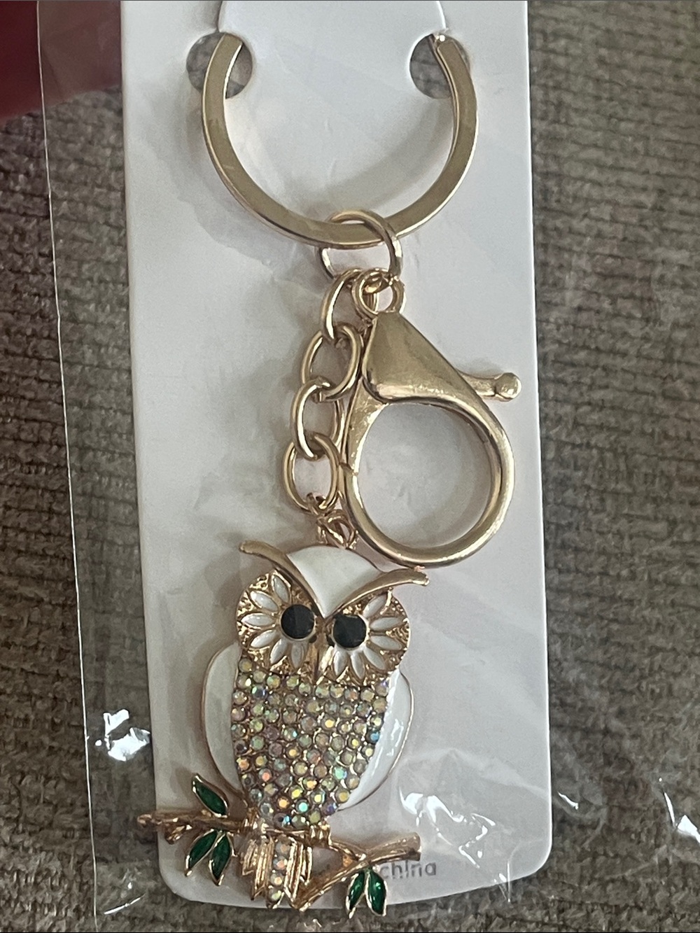 Gold Owl Keychain Bag Charm with Crystal Accents
